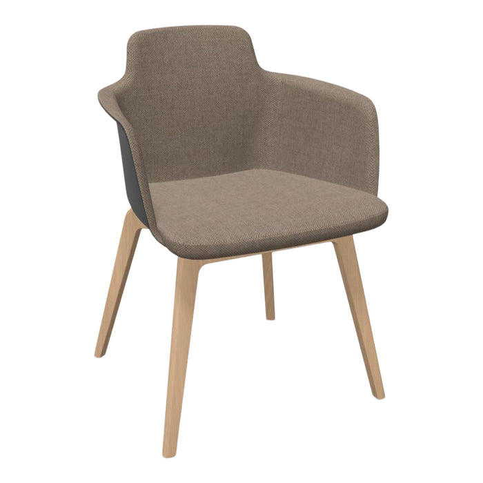 Brown textured fabric armchair with light wooden legs and a sleek black back panel.