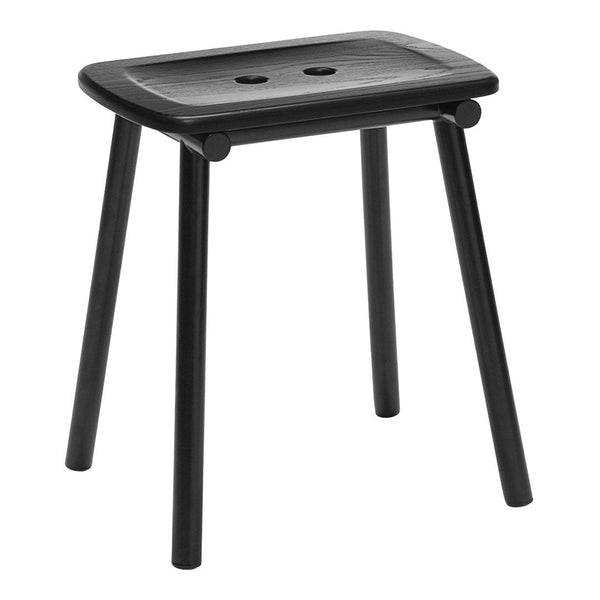 Black wooden stool with a smooth, rectangular seat and four sturdy legs, showcasing a minimalist design.