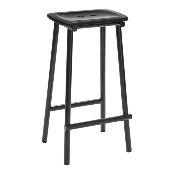 Black bar stool with a simple, sleek design and smooth seat for modern decor. Ideal for contemporary spaces.
