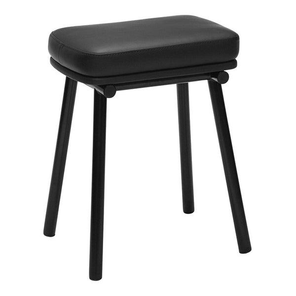 Black upholstered stool with a sleek, minimalist design and solid black legs.