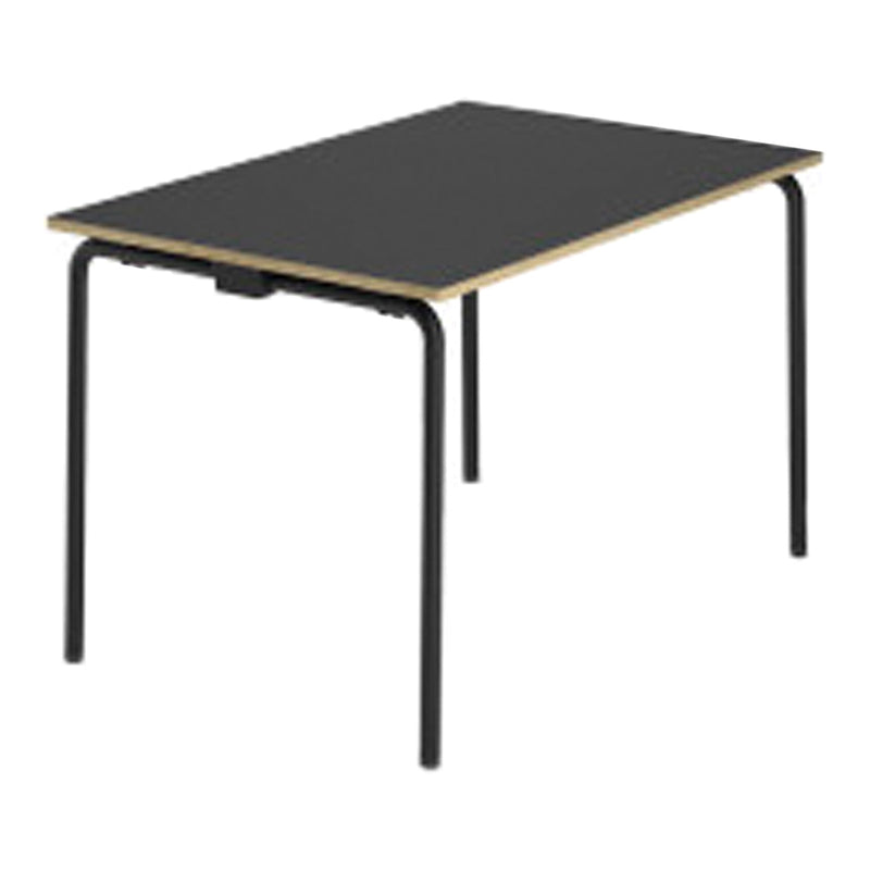 Black tabletop with a light wood edge, supported by sleek black metal legs. Modern, minimal design.