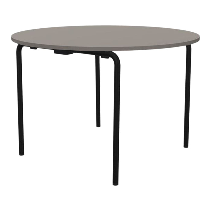 Round gray tabletop with black metal legs, minimalistic design, ideal for modern decor.