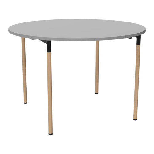 Round gray table with natural wood legs and black accents, featuring a sleek, modern design.