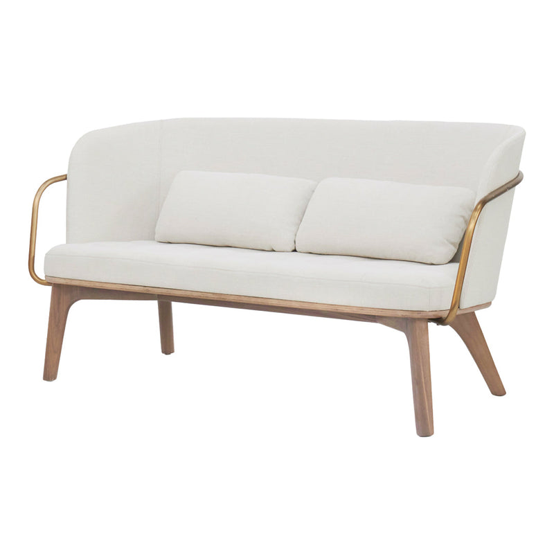 Modern white sofa with gold accent arms and plush cushions, featuring a minimalist design and sleek wood legs.