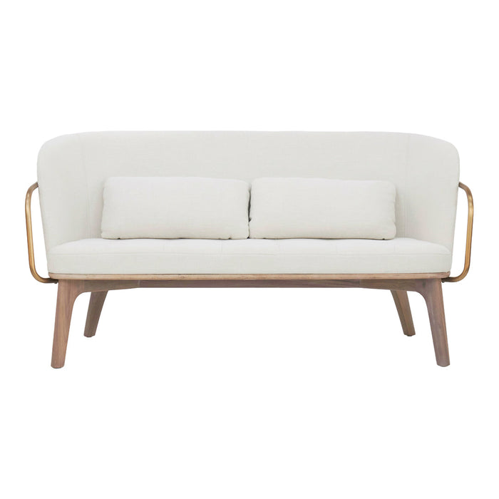 White upholstered sofa with two matching cushions and a light wood frame, featuring smooth, minimalist design.