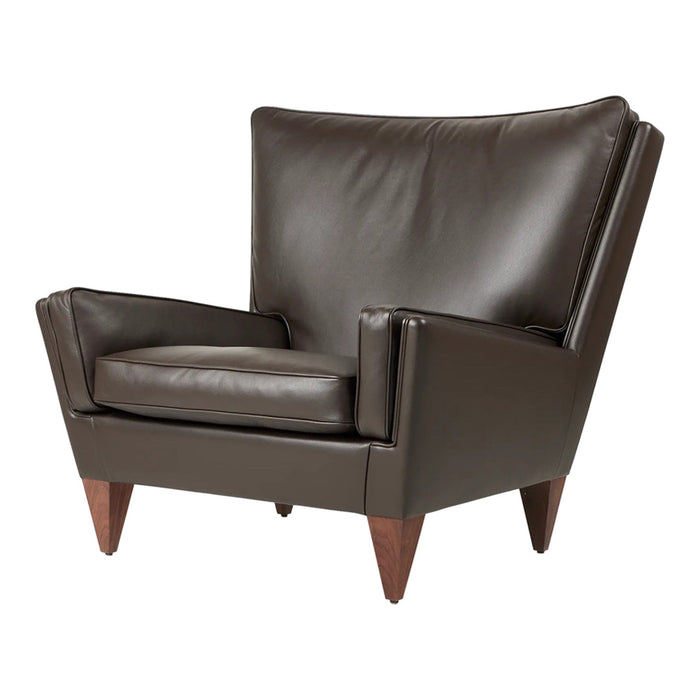 Brown leather armchair with smooth texture and mid-century modern design. Features angular wooden legs.