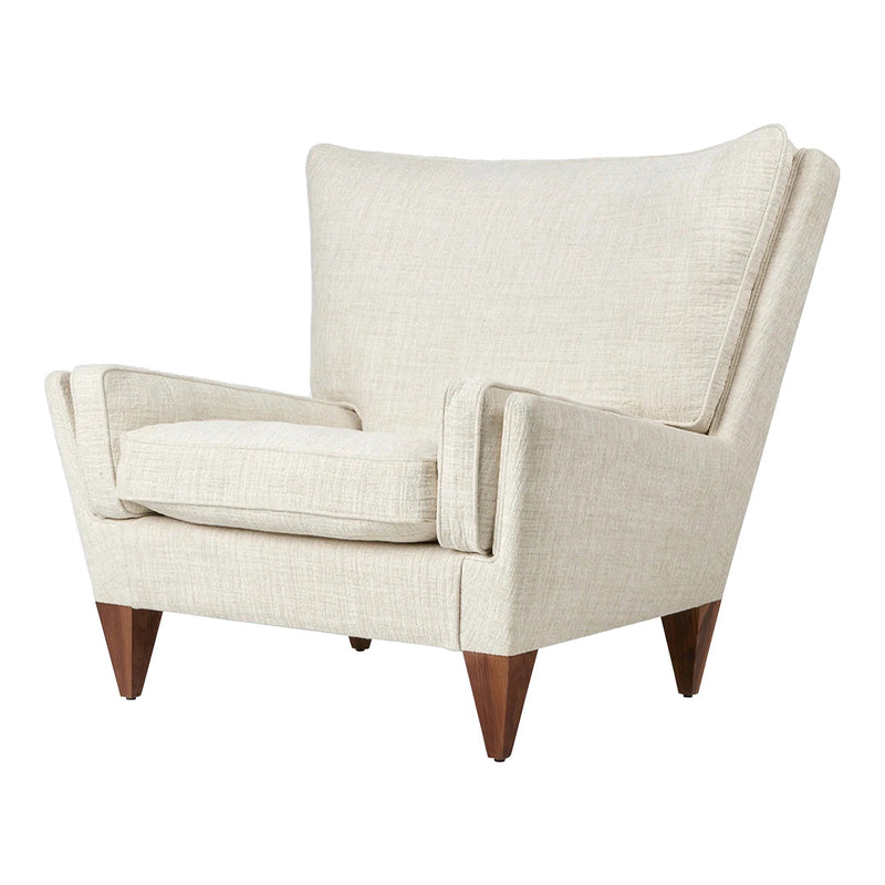 Cream-colored armchair with a textured fabric and tapered wooden legs. Minimalist design with clean lines.