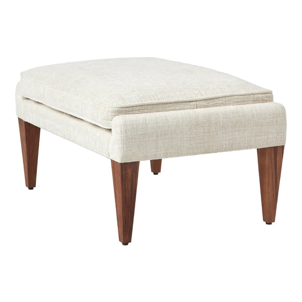 Cream-colored ottoman with a textured fabric and wooden tapered legs, offering a modern and minimalist design.