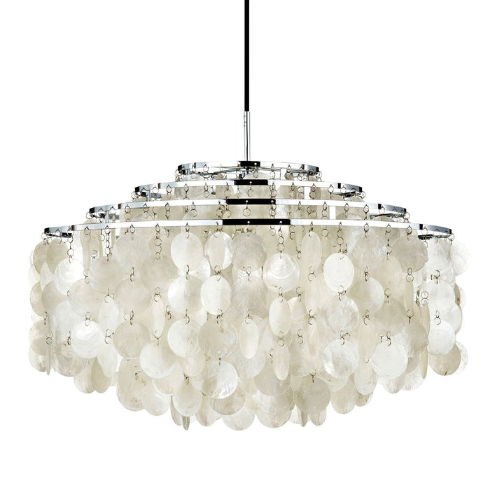 Stylish white chandelier featuring layered circular patterns and a sleek chrome finish. Elegant and modern design.