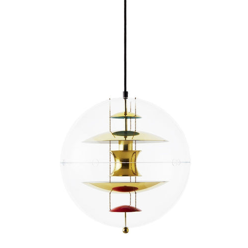 Gold, green, red, and clear patterns create a modern pendant lamp design, featuring layered elements and sleek lines.