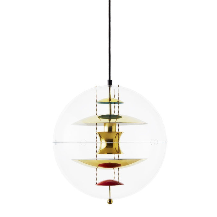 Gold, green, red, and clear patterns create a modern pendant lamp design, featuring layered elements and sleek lines.