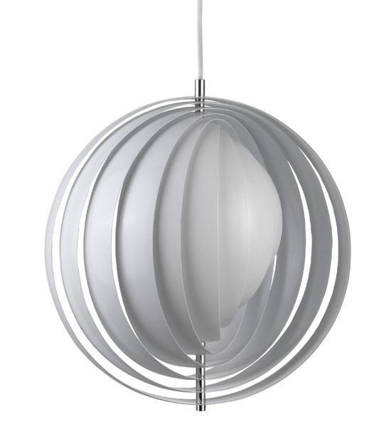 Modern white pendant light with layered circular design and glossy finish, perfect for contemporary decor.