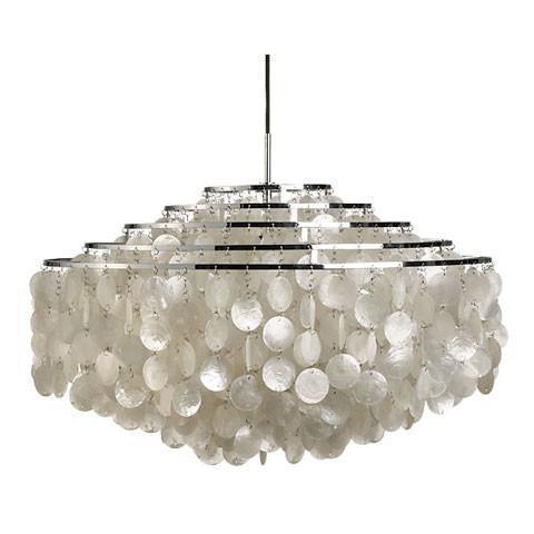 Elegant white chandelier featuring layered circular accents and sleek silver detailing. Perfect for modern decor.