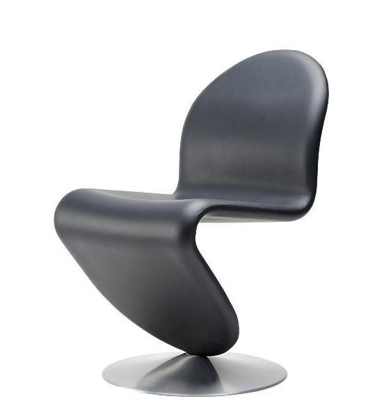 Sleek black chair with a glossy finish, featuring a modern curved design on a round metallic base.