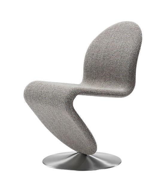 Modern grey chair with a sleek, curved design and subtle textured fabric against a glossy metal base.