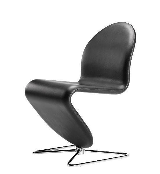 Sleek black chair with a modern curved design and chrome legs, perfect for contemporary spaces.