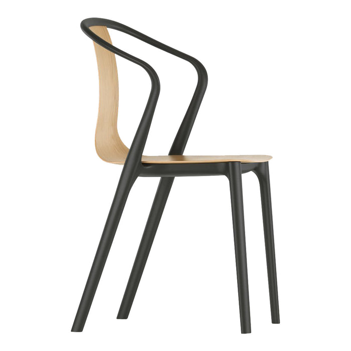 Modern chair featuring a sleek black frame and a natural wood seat, showcasing a minimalist design.
