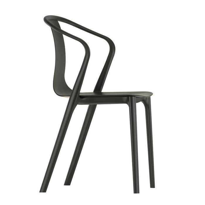 Sleek black chair with a minimalist design and smooth curves, featuring a solid color throughout.