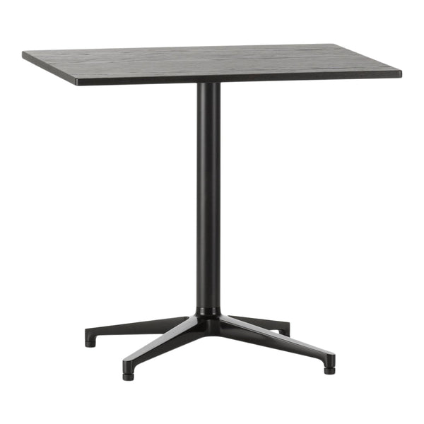 Black square table with a textured surface and a sleek black metal base, perfect for modern dining spaces.