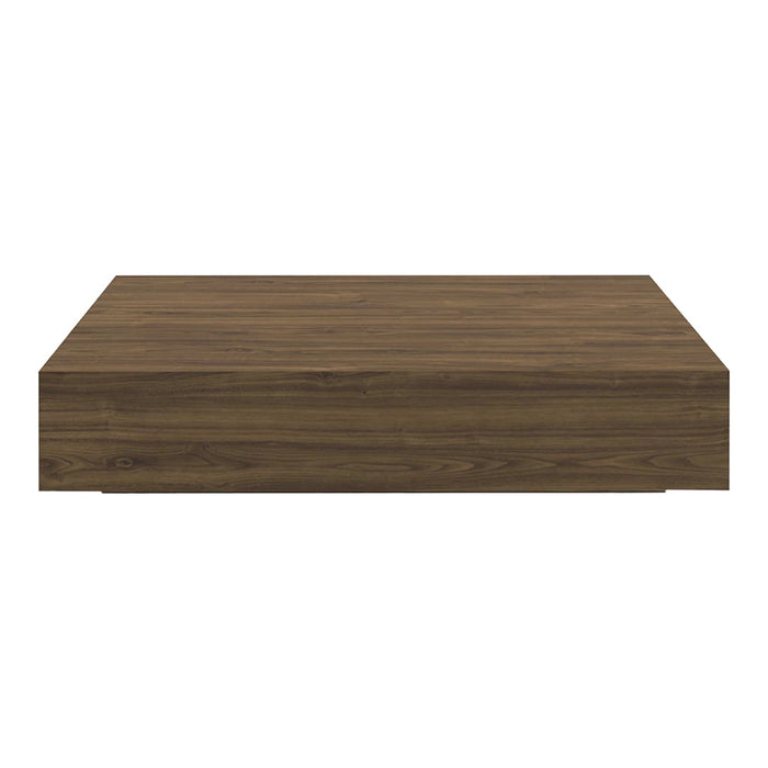 Brown wooden coffee table with a smooth surface and minimalist rectangular design. Ideal for contemporary decor.
