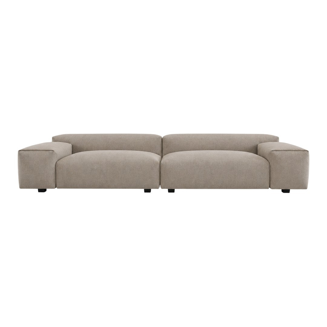 Beige contemporary sofa with a minimalist design and smooth, soft texture. Perfect for modern living spaces.