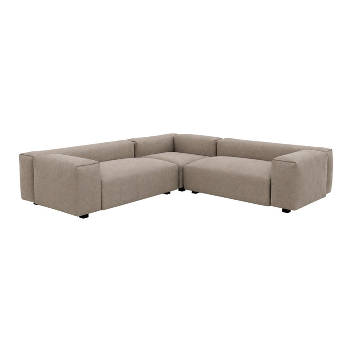 Beige sectional sofa with a smooth, modern design and plush fabric, perfect for contemporary living spaces.