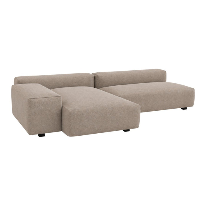 Beige fabric sectional sofa with a minimalist design and clean lines. No patterns, ideal for modern decor.