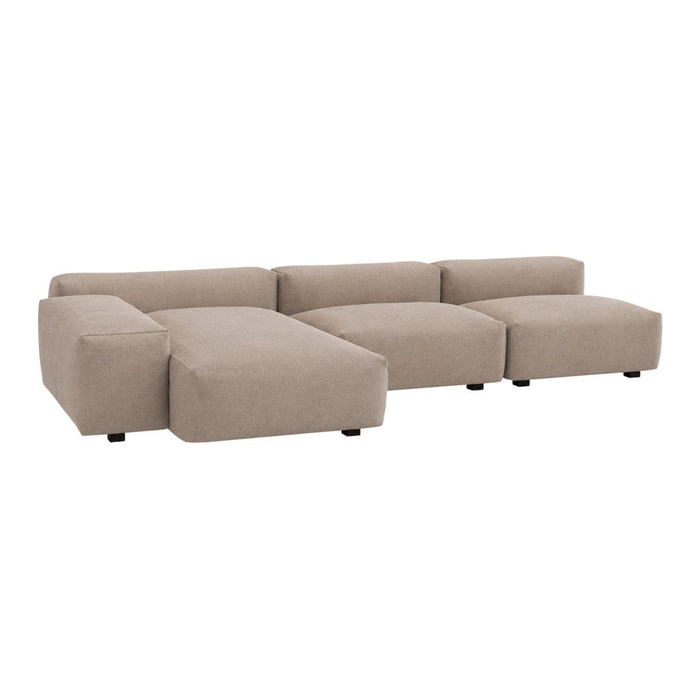 Beige sectional sofa with a modern, minimalist design and soft, textured fabric. Ideal for contemporary living spaces.