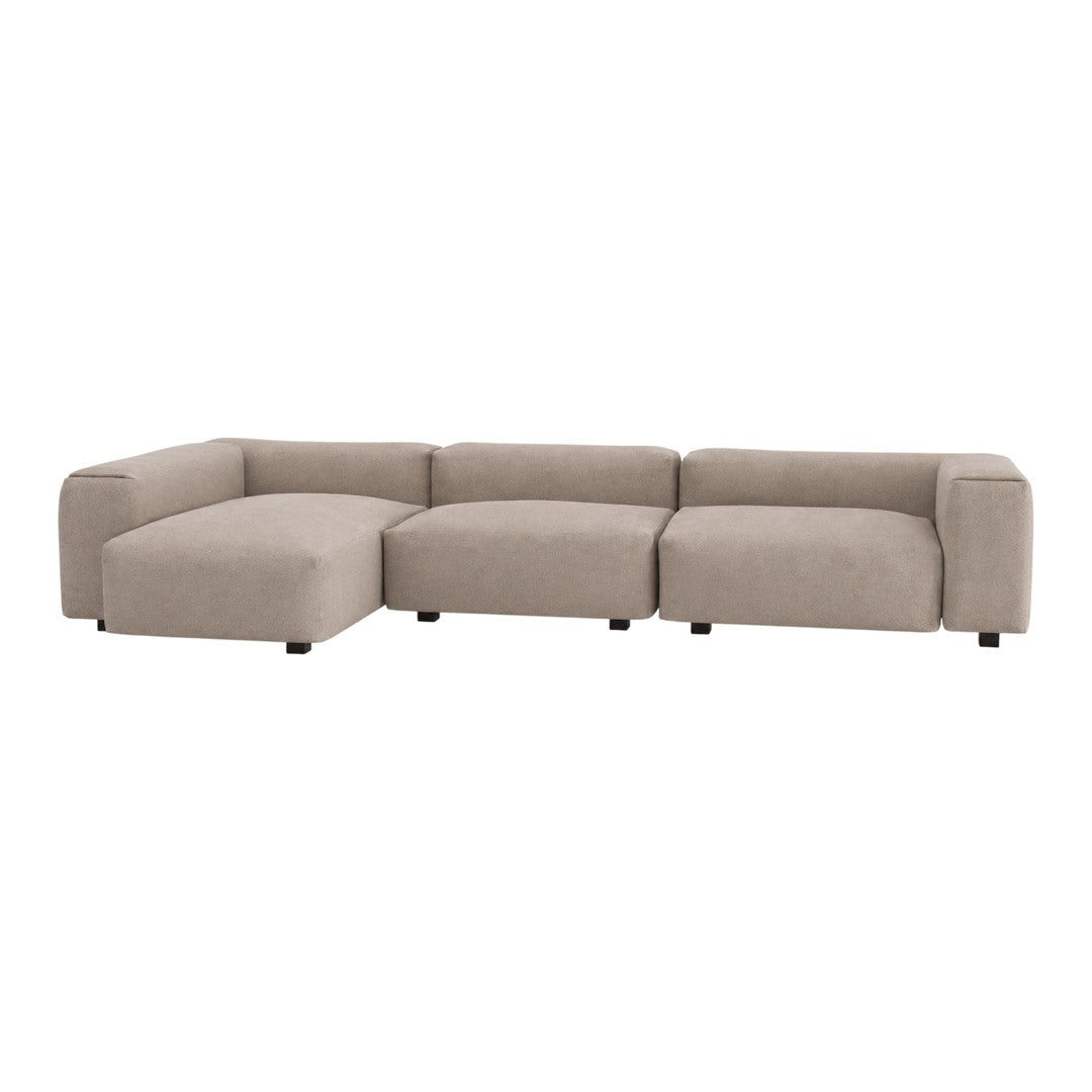 Beige upholstered sectional sofa with a modern, minimalist design and no visible patterns. Ideal for contemporary spaces.