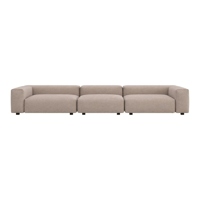 Beige modular sofa with a smooth, solid fabric design, featuring contemporary, clean lines. Ideal for modern decor.