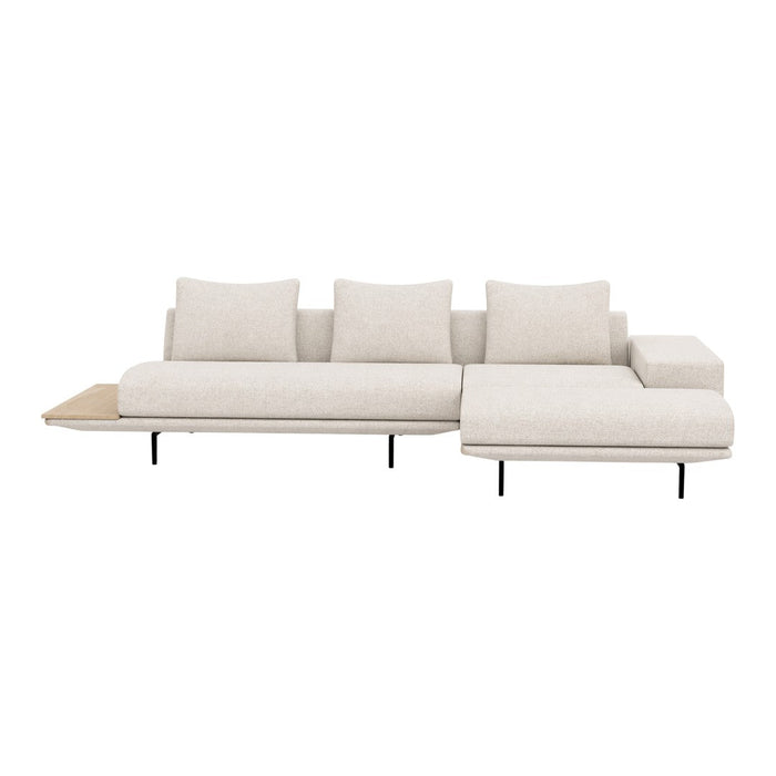 Modern beige sectional sofa with smooth fabric, subtle texture, and natural wood accent. Ideal for contemporary decor.
