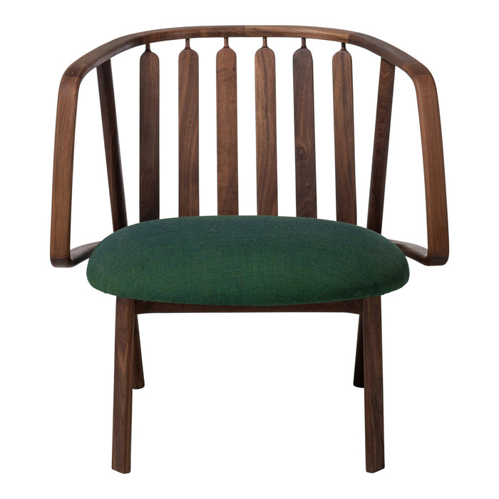 Mid-century modern chair featuring a walnut frame and dark green upholstery with a sleek, minimalistic design.