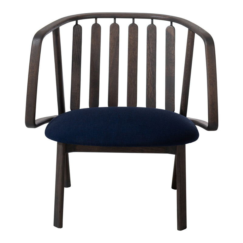 Dark wood chair with a sleek design and a deep navy seat cushion, featuring horizontal slats in the back.