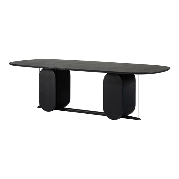 Sleek black oval dining table with a smooth finish and geometric base design. Ideal for modern interiors.