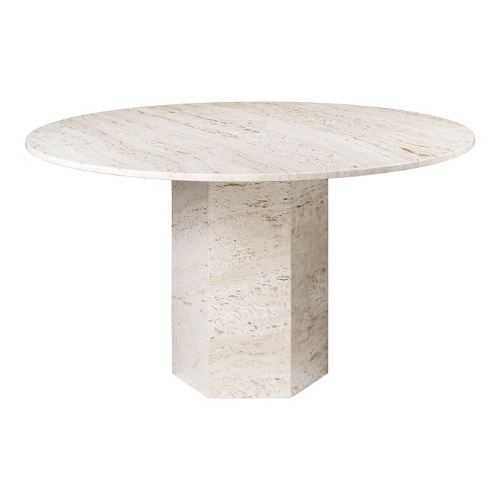 Round natural stone dining table with a smooth beige surface and textured hexagonal pedestal. Elegant minimalist design.