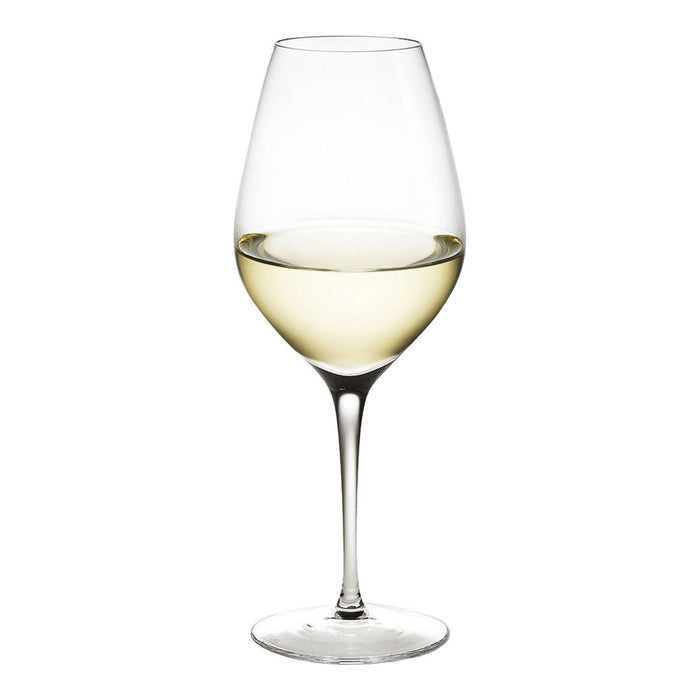 Clear crystal wine glass showcasing a sleek design with a smooth surface and elegant stem, filled with pale yellow-white wine.