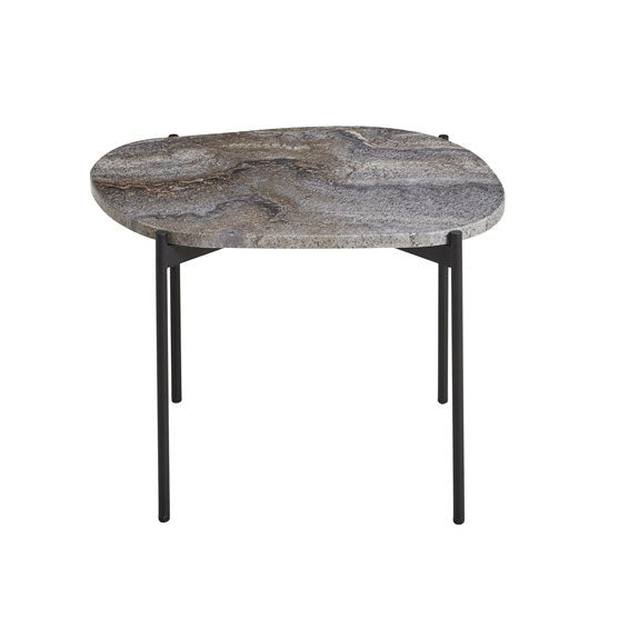 Oval marble side table with gray and black swirls, supported by sleek black metal legs. Perfect for modern decor.