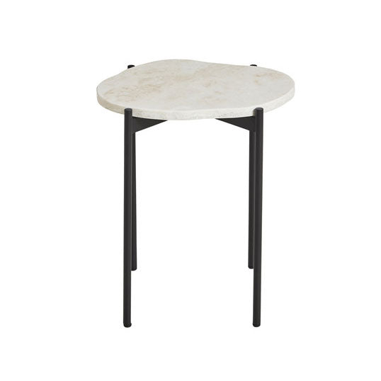 White marble top with natural stone patterns, complemented by sleek black metal legs. Modern accent table design.
