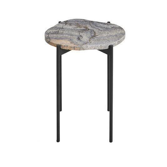 Gray stone tabletop with natural wood patterns, supported by sleek black metal legs. Unique and modern design.