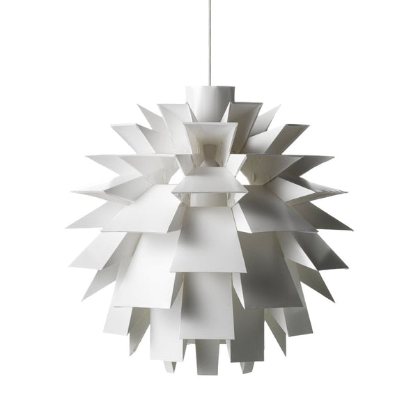 White pendant lamp with geometric layered design, featuring sharp, angular patterns for a modern look.