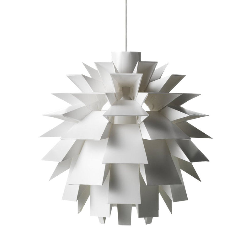 White pendant lamp with geometric layered design, featuring sharp, angular patterns for a modern look.