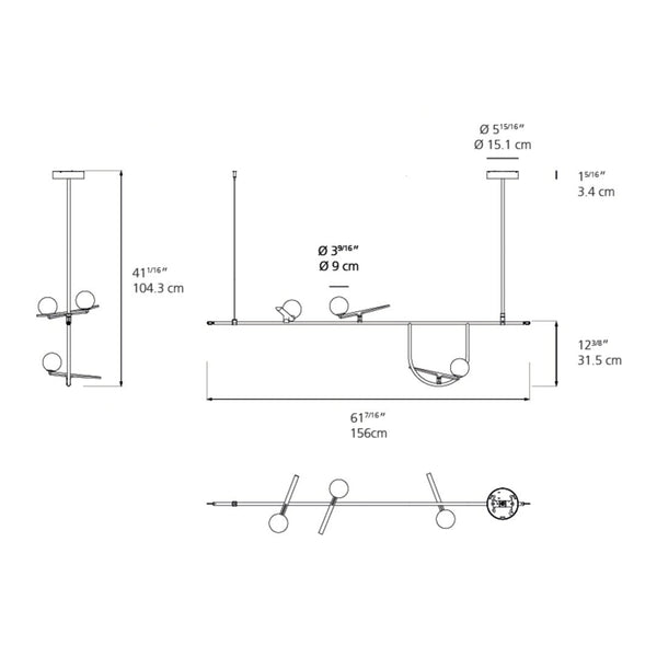 Minimalist linear ceiling light design with sleek metal finishes and round glass accents, perfect for modern decor.